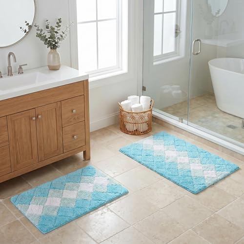 THE BEER VALLEY Set of 2 Albany Bath Rug 21x32/17x24 Inch - Turpuoise | Non Slip Cotton Absorbent Bathmat for Bathroom, Washable Soft Toilet Bathrug - color: Aqua-turq Combo