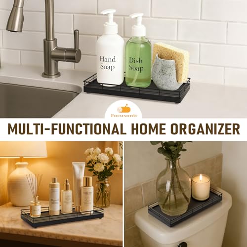 Bathroom Vanity Tray for Countertop, 12" x 6" Oak Wood Toilet Tank Tray | Metal Guardrail, Bathroom Organizer for Soap, Perfume & Skincare, Non-Slip Decorative Tray for Dresser & Vanity, Black - color: Black, size: 12" x 6" x 1.5"