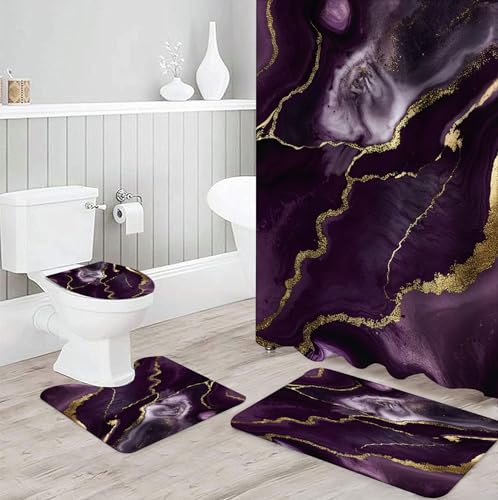NEWSUYAA Dark Purple Marble Shower Curtain with Bath Rugs Bathroom Sets, 4 Pcs Marble Patterns with Gold Lines Bath Décor Includes Toilet Seat Cover U-Shape Mat Absorbent Carpets, - color: Dark Purple