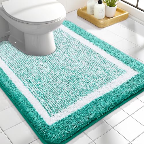 OLANLY Toilet Rugs U-Shaped 24x20, Extra Soft and Absorbent Microfiber Bathroom Rugs, Non-Slip, Machine Wash Dry, Plush Shaggy Contour Bath Mats for Toilet Base, Green - color: Green and White, size: 24" X 20" Contour Rug