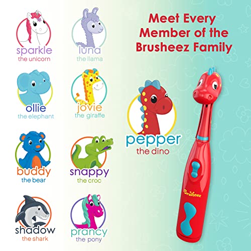 Brusheez Kids’ Electric Toothbrush Set - Safe & Effective for Ages 3+ - Parent Tested & Approved with Gentle Bristles, 2 Brush Heads, Rinse Cup, 2-Minute Timer, & Storage Base (Pepper the Dino) - color: Pepper the Dino