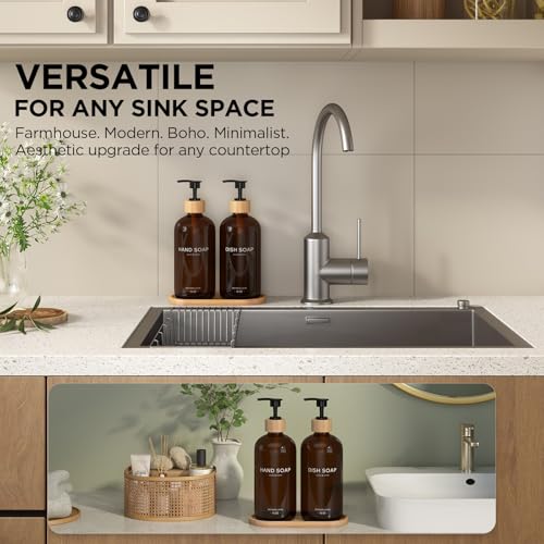 Hand and Dish Soap Dispenser Set,16oz Glass Bottles with Bamboo Pumps & Tray,Countertop Soap Dispensers for Kitchen,Luxury, Minimalist & Farmhouse Decor - color: Hand Dish (Amber)