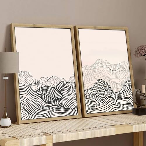ARTZIO Framed Canvas Prints-Black and White Wall Art,Japanese Minimalist Abstract Ocean Wave Line Art,Vintage Retro Decor,Ready to Hang for Living Room,Bedroom,Bathroom & Office(16"x24") - color: 2-PCS-1, size: 16"x24"