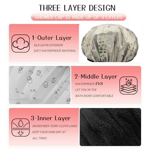 Luxury Shower Cap Terry Cloth Lined EVA Waterproof Reusable Triple Layer Elastic Hair Bath Caps for Women Girls Cute (C17-Floral) - color: C17-Floral
