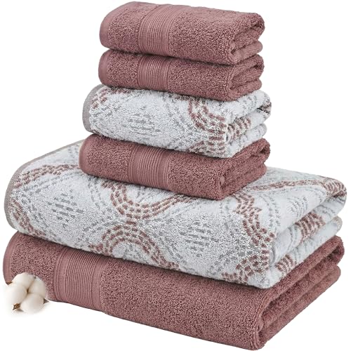 Modern Threads Capri 6-Piece Reversible Yarn Dyed Jacquard Towel Set - Bath Towels, Hand Towels, & Washcloths - Super Absorbent & Quick Dry - 100% Combed Cotton, Rosewood - color: Rosewood, style: Soft Geometric