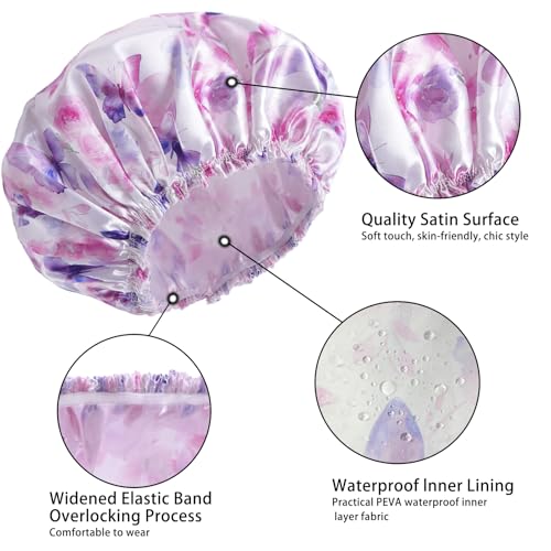 4 PCS Shower Cap for Women, Elastic and Reusable Bath Caps, Double Layers Shower Caps Reusable Waterproof, Bathing Shower Caps, Environmental Bath Hair Protection Cap - Butterfly C - color: Butterfly C