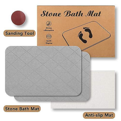Stone Bath Mat, Diatomaceous Earth Shower Mat, Non-Slip Super Absorbent Quick Drying Bathroom Floor Mat, 2 Pack, Grey, Pattern 2 - color: Grey-chequer