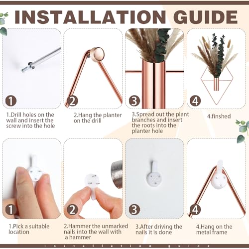 Jexine 4 Pcs Hanging Planters with Artificial Pampas Rose Gold Metal Hanging Vase Indoor Plants Holder Modern Geometric Boho Bathroom Wall Decor for Living Room Home Office - color: Rose Gold, size: Pampas