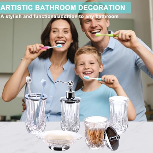 Bathroom Accessories Set,5 Pcs Clear Glass Bathroom Accessory Set,Complete Lotion Soap Dispenser,Toothbrush Holder,Soap Dish,Tumbler & Jar,Modern Bathroom Decor Sets Gift,Round - style: Round(Clear)