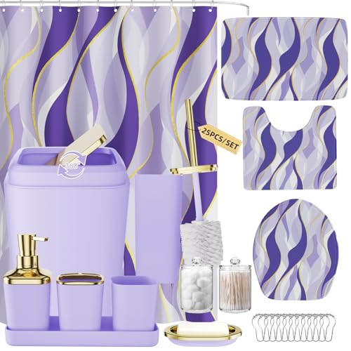 XLHOMO Bathroom Set - Purple and Gold Bathroom Accessories, Bathroom Sets with Shower Curtain and Rugs, Purple Shower Curtain Set with Bathroom Trash Can, Soap Dispenser, Soap Dish for Home Decor - color: Stripe Purple & Gold, size: Complete Set + Bath Ru