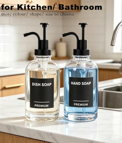 Dish Soap Dispenser for Kitchen, Hand Glass Soap Dispenser Set with Pump, Tray, Funnel for Bathroom, Shower, Laundry, Liquid, Lotion (Black 2 Pack 18 Oz Clear Bottles with 12 Stickers) - color: Black, size: 18Oz