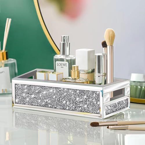 Wocred Bathroom Basket Toilet Tank,Crushed Diamond Mirrored Bathroom Tray Wall-Mounted,Silver Storage Organizer fits Dresser Bedroom,Bathroom,Coffee Table.(15”x7”x3.8”) - color: Silver - 7 Inch