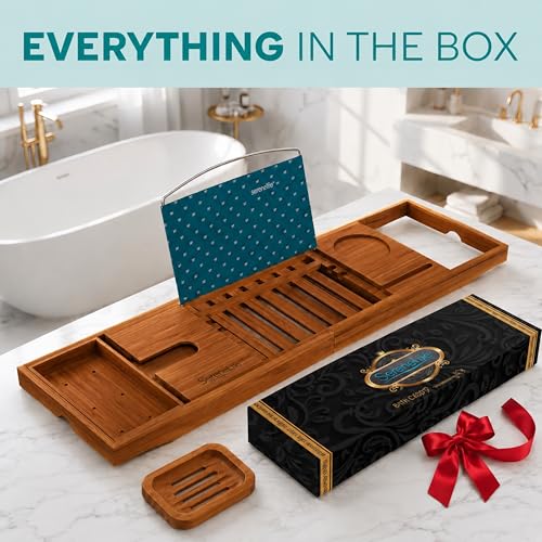SereneLife Premium Bathtub Tray Caddy with Gift Box and Bow Set, Expandable Bath Tray, Unique House Warming Gifts for Mom, Women, Wedding, Anniversary, Bridal Shower, Fit for All Tub - Brown, Gift Set - color: Brown, Gift Set