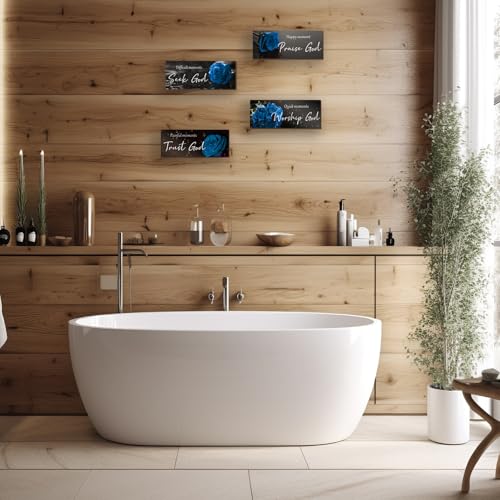 ONIZHITY 4 Pcs Blue Bathroom Decor Religious Wall Art Bible Verse Inspirational Navy Blue Rose Wall Decor Rustic Wooden Christian Sign for Home Bathroom Office Bedroom Living Room Kitchen(Blue 10x4) - color: Blue Rose