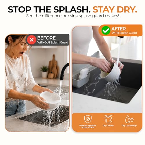 Silicone Sink Splash Guard with Sponge Holder -19.5" x 4.5" x 2.5",- Strong Suction - Sink Edge Protectors for Kitchen Sink - Kitchen Sink Splash Guard - Gray