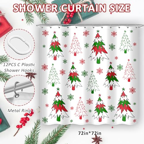 Winter Christmas Shower Curtain,Red Holiday Xmas Snowflake Shower Curtains for Kids Bathroom Decor Waterproof Fabric Shower Curtains Bathtub Decor with 12 Hooks 72 X 72 Inches