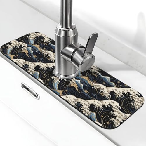 Japanese Wave Black 15" X 5.5" Kitchen Sink Splash Guard Faucet Faucet Guard Draining Mat Sink Splash Guard Faucet Kitchen Bathroom - color: Japanese Wave Black