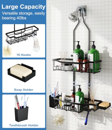 Upgraded Extended Length Shower Organizer with 16 Hooks, Rustproof Shampoo Soap Storage, Large Hanging Bathroom Caddy with Soap and Toothbrush Holder - color: Black with Toothbrush
