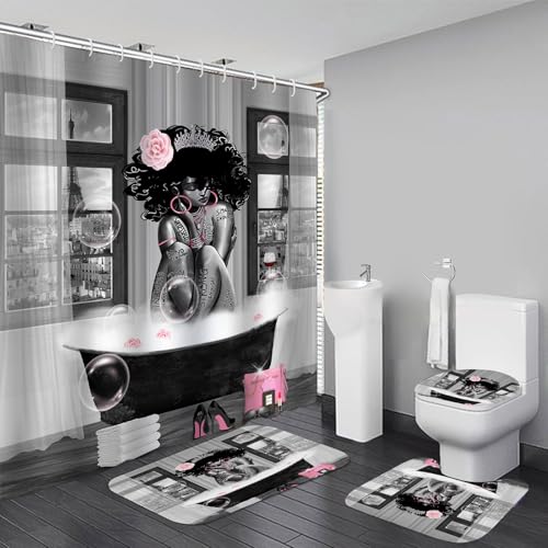 4Pcs African American Shower Curtain Sets with Rugs, Black Girl Shower Curtain for Bathroom Decor Sets with Paris Eiffel Tower Art Pattern, Grey Waterproof juego de baño, with 12 PCS Hooks - color: Grey