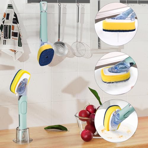 Dish Brush with Soap Dispenser Storage Set with 2 PCS Sponge Refills & Holder, Soap Dispensing Dish Brushes, Sponge with Soap Dispenser Handle, Dish Sponges with Handle for Dishes Pans Pots Sink - color: Blue
