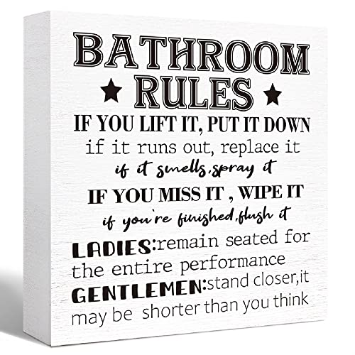 SJNH Bathroom Rules Sign Wood Block for bathroom shelf decor | ﻿ Funny Bathroom Signs Wooden Box for Shelf Washroom Toilet Restroom Shelves Decor 5"L x 5"W x 1.1"H - color: White