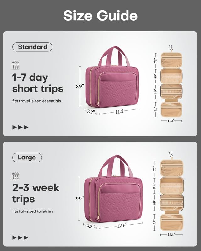 HOTOR Hanging Travel Toiletry Bag Women Men, Rosewood-Pink, Medium | Waterproof Makeup Bag Hanging Hook,Multiple Pockets,Travel Essentials,11.2 x 3.2 x 8.9inches - color: Rosewood-Pink, size: Medium