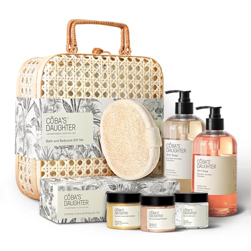 COBA'S DAUGHTER Luxury 7-Piece Bath & Body Gift Set with Rattan Case | Curated body wash, bubble bath & scrub | Gifted for holidays, birthdays & bridal showers - style: Bath & Body Ritual Set