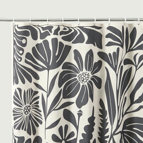RoomTalks Black Vintage Floral Faux Linen Shower Curtain Extra Long 78 Inch - 210GSM Heavy Duty Modern Farmhouse Country Rustic Matisse Plants Botanical Shower Curtain Set - color: Black and Beige, size: 72"W x 78"L (Pack of 1)