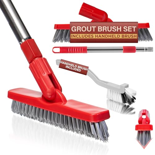 Foxtrot Living Grout Brush with Long Handle & Handheld Stiff Bristle Scrubber, V-Shaped Cleaner with Telescopic Handle for Easy Cleaning & Storage - Tile Floor Cleaning Brush - color: Red