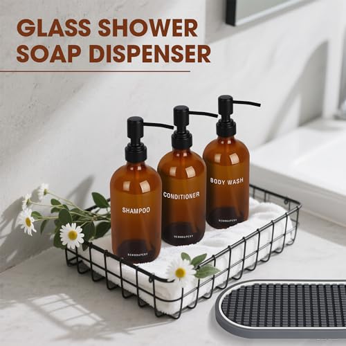 Amber Glass Shampoo and Conditioner Dispenser Set – 16.9oz Refillable Bottles with Stainless Steel Pump, Non-Slip Mat & Waterproof Labels –Shampoo Conditioner Body Wash Dispenser for shower - color: Amber