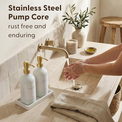 MaisoNovo Soap and Lotion Dispenser Set - Bathroom Soap Dispenser Set with White Soap Dispenser, Gold Pumps & Ceramic Tray - color: White Bottles/ Golden Pumps/ White Ceramic Tray