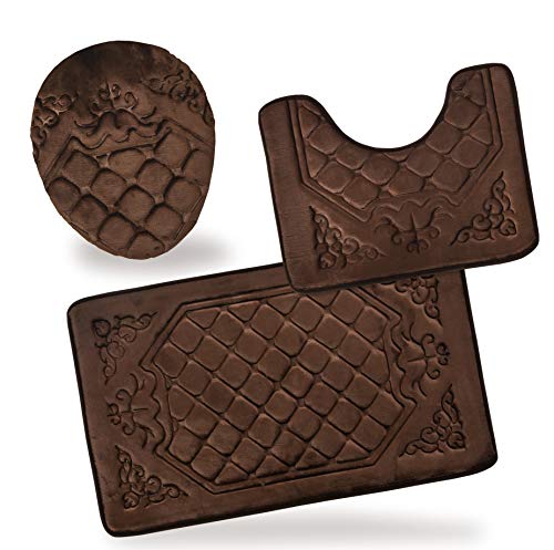 All American Collection 3PC Memory Foam Bath Mats Soft Plush Crown Design Anti-Slip Shower Bathroom Contour Toilet Lid Cover Rugs (Brown) - color: Brown
