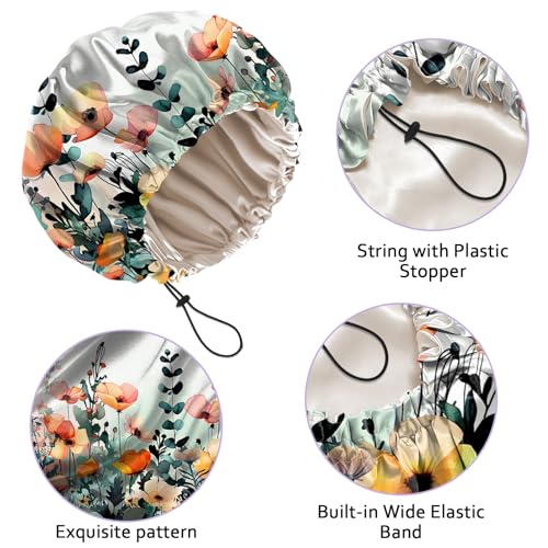 Luxury Shower Cap Silk Satin Lined Waterproof Reusable Adjustable Elastic Dry Hair Bathing Caps Cute for Women Girls-Floral Leaf - color: C-3-Floral Leaf