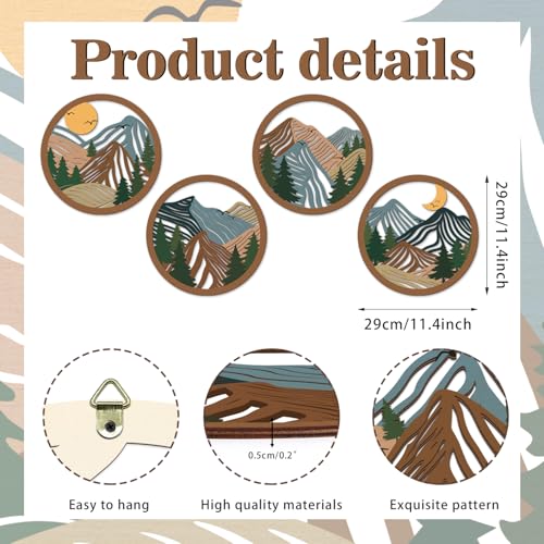 TOARTi 4Pcs Boho Mountain Wooden Wall Art,Abstract Sun Moon Pine Tree Wall Decor,Natural Mountain Landscape Artwork,Minimalist Geometric Forest Hanging Sign for Farmhouse Living Room Bedroom Office - color: 4pcs Mountain Landscape Wooden Wall Art