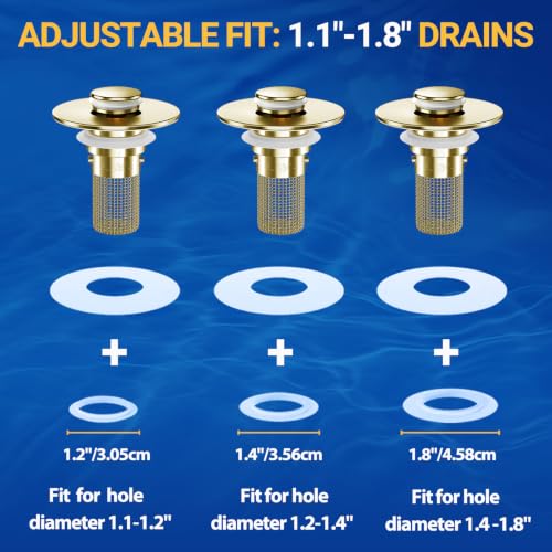 Bathroom Sink Drain Strainer, Pop-Up Bathroom Sink Stopper with Removable Stainless Steel Hair Catcher Basket, Universal Fit for US Bathroom Sinks, Showers & Floor Drains (1pcs-Gold) - color: 1pcs-gold
