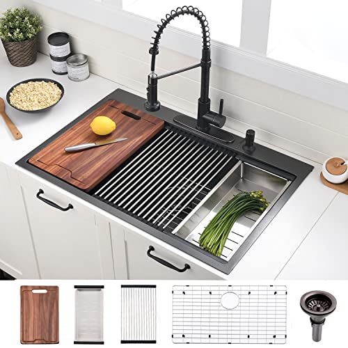 33 Inch Black Drop In Kitchen Sink Workstation - VOKIM 33x22-Inch Drop In Sink Stainless Steel Top Mount 16 Gauge Single Bowl 10'' Deep Handmade Kitchen sink with Cutting Board& Strainer - color: Black, size: 33"L x 22"W x 10"D