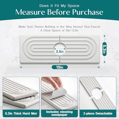 eormoe Faucet Mat for Kitchen Sink - Wider Diatomite Fast Drying Stone Sink Tray, Super Absorbent, Prevents Moisture Buildup - Faucet Splash Guard for Bathroom Counter (Light Grey, 15x5.3inch) - color: Light Grey, size: 15" x 5.3"