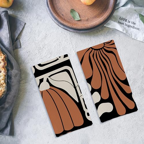 Black and White Floral Kitchen Towels, Retro 70s Groovy Hand Towels for Bathroom Decor, Modern Minimalist Botanical Dish Tea Towels for Kitchen Decor(16×24 Set of 2) - color: Boho Black and Whtie
