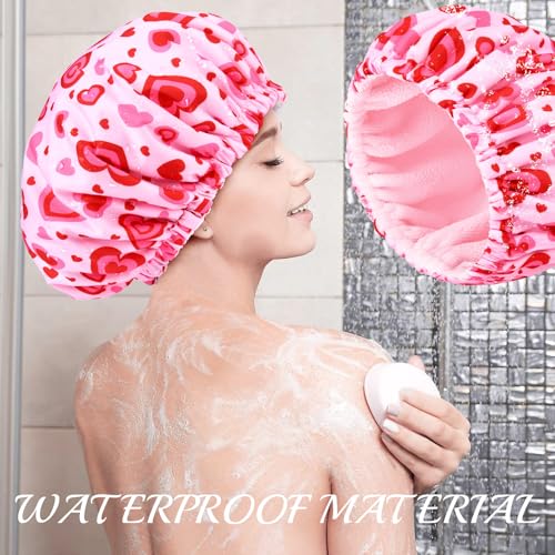 Shower Cap for Women Terry Lined Bath Cap Large Reusable Waterproof Elastic Band Pink Love Shower Caps for Long Thick Hair Soft Bath Shower Hair Caps - color: Pink Cute Hearts