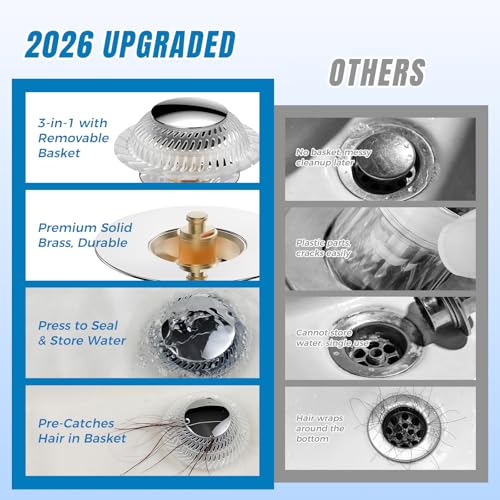 Hair Catcher Drain Stopper for Bathtub, Pop-Up with Silicone Filter, 3-Layer Brass Rust-Proof, One-Button Seal & Drain, Fits Standard U.S. Drains (1-1/2” & 1-3/8”), No Tools Needed - color: Sliver