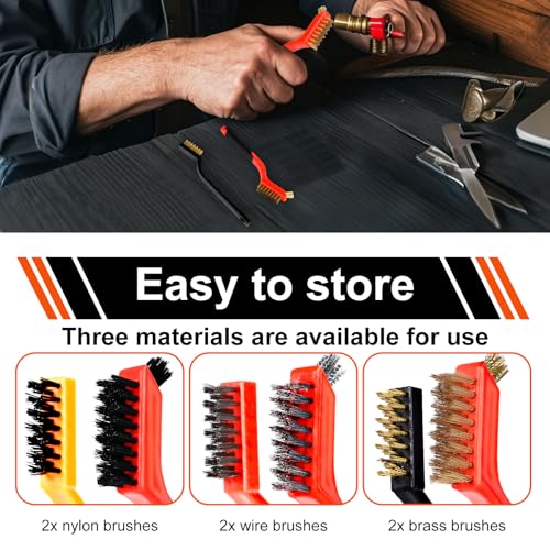 Wire Brush Set, 6 Pcs Professional Wire Brushes for Cleaning Rust, Stainless Steel/Brass/Nylon Brushes, Small Wire Brush with Arc-shaped Handle, Used for Rust Removal, Dirt Removal & Cleaning Crevices