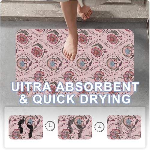 Bathroom Rug, Pink Indian Paisley Floral Bath Mat for Tub Non Slip, Soft Absorbent Easy Clean Quick Dry Bathroom Mat for Tub Shower Home Decor 17x29 inch