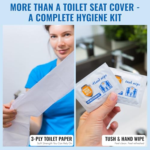 The Restroom Kit Great for travel (12-Pack) Portable Disposable Oversized Toilet Seat Cover, 3ft 3Ply Toilet Paper, Hand & Flushable Tush Wipe. - color: Blue, size: 12 Count (Pack of 1)