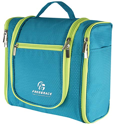 Freegrace Extra Large Hanging Toiletry Bag for Men and Women - Water-Resistant Nylon Travel Bathroom Organizer for Cosmetics, Makeup, and Toiletries - color: Aquamarine