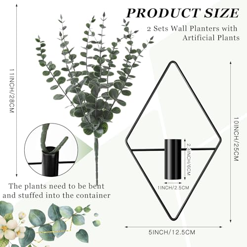 Jexine 4 Pcs Hanging Planters with Artificial Eucalyptus Metal Hanging Vase Indoor Plants Holder Modern Geometric Boho Bathroom Wall Decor for Living Room Home Office(Black) - color: Black, size: Eucalyptus
