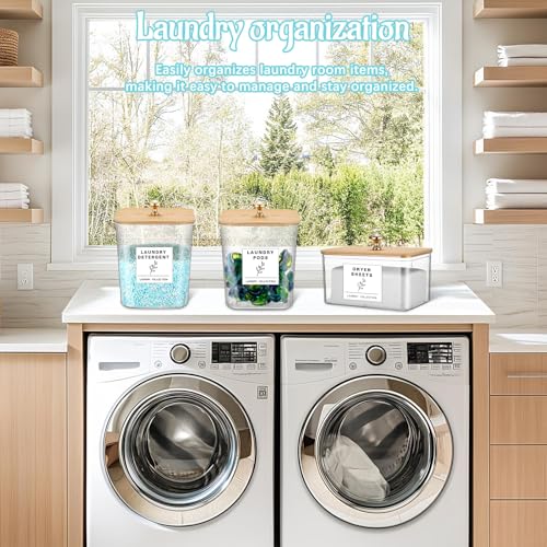 Reallnaive 5 Pcs Laundry Pods Container and Dryer Sheet Holder, 3L Laundry Room Organization Storage Containers with Lids and Labels for Detergent Powder Organizer, Scent Booster, Powder