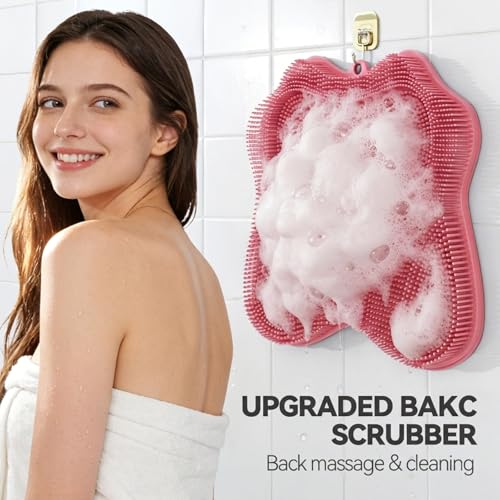 ozner Silicone Shower Foot Scrubber Mat,Back Washer Bath Wash Pad Exfoliating & Massage, Wall Mounted Slip Strong Suction Cups for Use in Cleaner Men and Women (Pink) - color: Pink