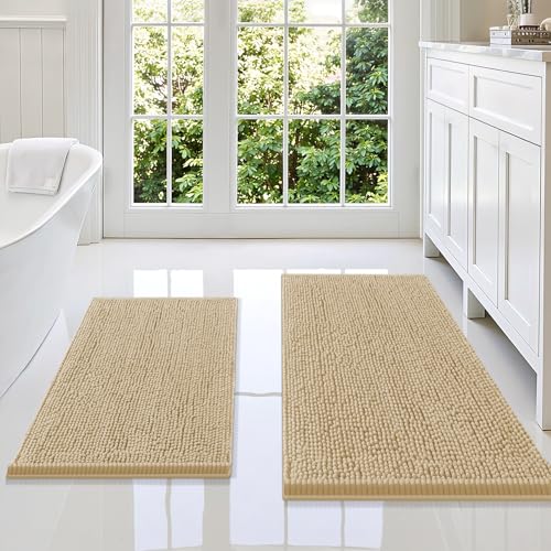 Smiry Bathroom Rugs Sets 2 Piece, Soft Absorbent Chenille Machine Washable Non Slip Shaggy Bath Rug Set for Tub, Shower, and Floor (36x24+30x20, Beige) - color: Beige, size: 36"x24"+30"x20"