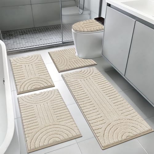 SHACOS Bathroom Rugs Sets 5 Piece Ultra Soft Absorbent Microfiber | Bath Mat with Bath Runner, U Shape Contour Rug, Toilet Lid Cover, Non Slip Machine Washable Carpet for Bedroom, Light Beige - color: Light Beige