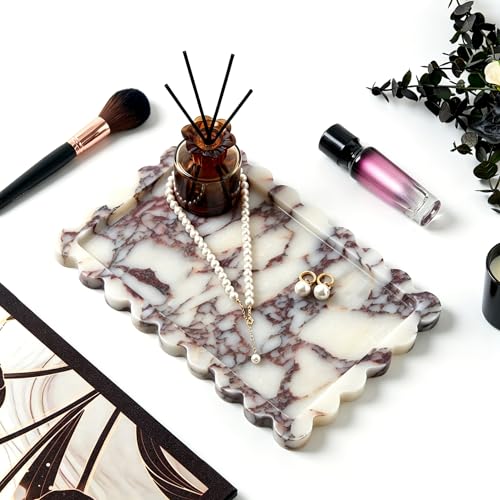 Luxury Natural Scalloped Marble Tray – 11.8 x 7.8-Inch Calacatta Viola Stone Vanity Tray, Elegant Catchall Organizer for Jewelry Perfume Keys, Unique Statement Tray for Bathroom Coffee Table & Dresser - color: Scalloped-calacatta Viola (11.8" X 7.8" X 0.7
